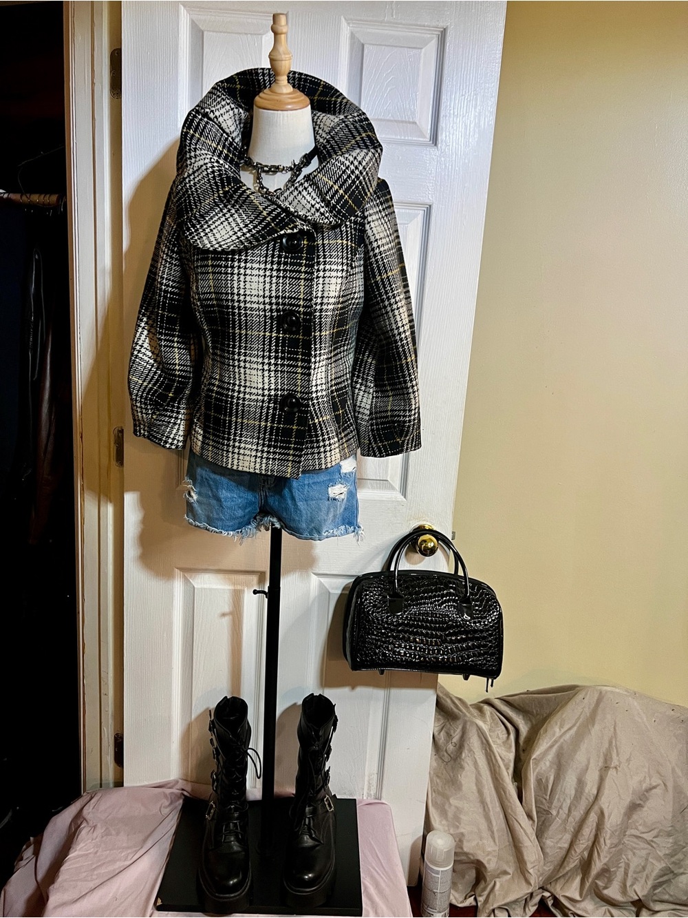 Mossimo Y2K Wms Plaid Wool Blend Shawl Pleated Collar Retro Pea Cropped Coat M